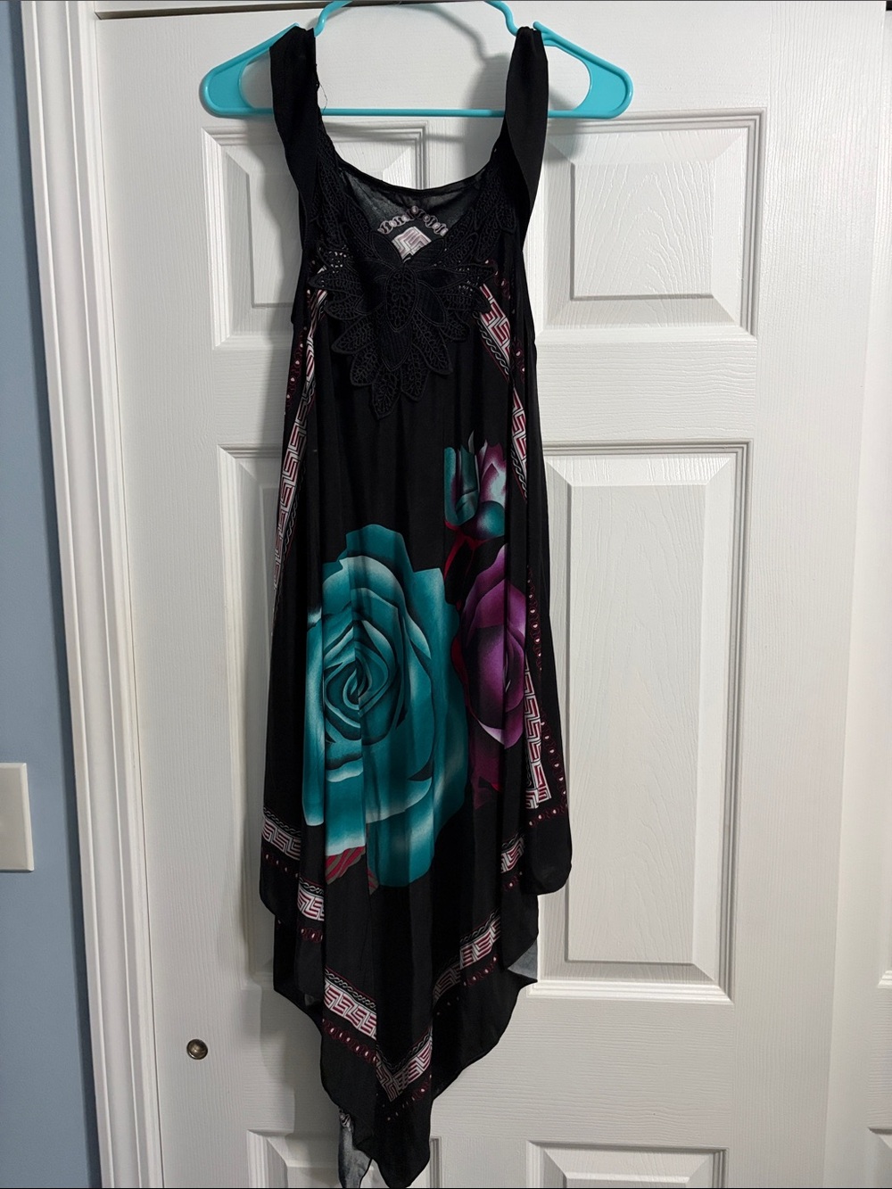 Black Floral Handkerchief Hem Dress with Teal & Purple Roses